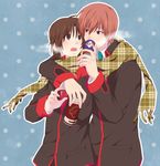  blush breath brown_eyes brown_hair can cold company_name drinking little_busters! looking_at_another male_focus multiple_boys naoe_riki natsume_kyousuke necktie open_mouth polka_dot polka_dot_background red_eyes red_hair scarf school_uniform surprised sweatdrop yaoi 