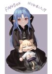 2girls =_= absurdres animal_ears black_dress blonde_hair blue_hair cat_ears cat_girl cat_tail chiizu_ore commentary_request dress finger_in_another&#039;s_mouth hair_ribbon highres len_(tsukihime) long_dress melty_blood mouth_pull multiple_girls neco-arc pointy_ears purple_skirt red_eyes ribbon sitting skirt smile tail translation_request tsukihime turtleneck 
