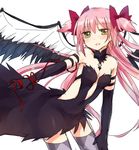  :d akuma_homura akuma_homura_(cosplay) argyle argyle_legwear bare_shoulders black_dress blush cosplay dress hair_ribbon hand_on_thigh kaname_madoka looking_at_viewer mahou_shoujo_madoka_magica mahou_shoujo_madoka_magica_movie open_mouth pink_hair ribbon smile solo tatsuyoshi_(zawahomura) thighhighs two_side_up ultimate_madoka wings yellow_eyes 