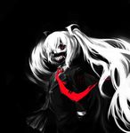  1girl artist_request black_background black_sclera female hair_over_one_eye hatsune_miku long_hair looking_at_viewer necktie red_eyes simple_background solo teeth tokyo_ghoul very_long_hair vocaloid white_hair white_skin zipper 