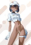  1girl absurdres aether_foundation_employee black_choker black_hair breasts censored choker crop_top dark-skinned_female dark_skin gloves grey_eyes hat highres hip_bones holster looking_at_viewer navel novelty_censor otokakoto peaked_cap pokemon pokemon_sm short_hair skindentation small_breasts solo stomach thigh_holster thigh_strap white_gloves white_hat 
