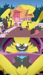 2022 alice_in_wonderland_(disney) anthro avian bird blue_eyes building generation_7_pokemon group hi_res house lagomorph legendary_pokemon leporid macro male mammal nintendo pelecaniform pelican pokemon pokemon_(species) potateymatey rabbit simple_background trio yellow_body zeraora