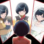  1girl 1other ^_^ age_progression black_hair blush_stickers bouquet brown_jacket brown_sweater carrying carrying_person closed_eyes dress earrings facing_away gloves gundam gundam_gquuuuuux haruki_chise highres holding holding_bouquet jacket jewelry looking_at_reflection mecha_pilot_suit mirror mother_and_child necklace purple_eyes reflection ring shiiko_sugai short_hair smile sweater wedding_dress wedding_ring white_dress white_gloves 