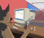 ambiguous_gender anthro brown_body brown_fur canid carpet computer_keyboard computer_monitor desk drugs english_text fur furniture graph grey_body grey_fur gun handgun handwritten_text hi_res holding_gun holding_handgun holding_object holding_ranged_weapon holding_revolver holding_weapon inside internet_explorer looking_away mammal microsoft microsoft_windows painting_(object) pill_bottle pills ranged_weapon revolver runchkin screen solo stock_market table text weapon windows_xp