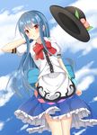  bad_id bad_pixiv_id blue_hair blue_sky blush cloud day dress dutch_angle food frilled_dress frills fruit hand_behind_head hat hat_removed headwear_removed hinanawi_tenshi layered_dress leaf long_hair looking_at_viewer parted_lips peach puffy_short_sleeves puffy_sleeves red_eyes ribbon ro-ichi short_sleeves sky solo touhou 