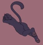 anthro big_butt black_body black_fur black_hair butt carameltsi clairen_(rivals_of_aether) eye_bags eyebrows felid feline female flat_colors fur hair half-closed_eyes hi_res leopard looking_at_viewer looking_back lying mammal messy_hair narrowed_eyes notched_ear nude on_front pantherine pawpads paws pink_pawpads raised_eyebrows raised_leg raised_tail red_eyes rivals_of_aether round_ears simple_background solo tail