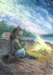2020 anthro beach black_hair blaze_(marking) boots bottomwear cabin campfire clothing coat crimson_storm crossed_legs dusk equid equine facial_markings fire footwear fur furgonomic_footwear furgonomics grey_body grey_fur hair head_markings hi_res highlights_(coloring) holding_leg hoof_boots horse jacket lake looking_away male mammal markings mountain pants plant red_highlights shoes shoreline sitting sky solo tail taski_guru topwear tree
