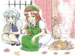  2girls apron blue_eyes blue_hair braid broom chinese_clothes closed_eyes commentary_request eating hat hat_ornament hong_meiling izayoi_sakuya leaf long_hair maid_apron maid_headdress multiple_girls red_hair sitting smile star_(symbol) star_hat_ornament takami_(manda) touhou twin_braids 