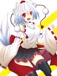  absurdres animal_ears bare_shoulders black_legwear breasts detached_sleeves happy hat highres inubashiri_momiji looking_at_viewer medium_breasts open_mouth pom_pom_(clothes) red_eyes ribbon short_hair silver_hair smile solo spada tail thighhighs tokin_hat touhou wolf_ears wolf_tail zettai_ryouiki 