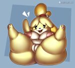 2025 absurd_res animal_crossing anthro areola big_breasts big_butt breasts butt canid canine canis domestic_dog female gesture hi_res huge_breasts huge_butt isabelle_(animal_crossing) mammal nintendo nipples orangejuicemann overweight overweight_anthro overweight_female pink_areola pink_nipples short_stack solo spread_legs spreading waving waving_at_viewer waving_hand wide_hips