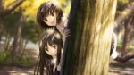  1boy 1girl against_tree behind_tree black_hair black_thighhighs blue_hairband branch brown_eyes brown_hair bush buttoned_cuffs buttons chaos;child chaos;child_love_chu_chu! collar crossdressing dappled_sunlight day dress forest frilled_collar frills game_cg gold_buttons grass hairband happy highres leaf light_blush light_rays long_hair nature non-web_source official_art open_mouth outdoors path petticoat pink_lips pinstripe_dress pinstripe_pattern plant purple_dress sasaki_mutsumi shade shirt short_hair smile striped_clothes striped_dress striped_hairband sunlight swept_bangs tachibana_yui tachibana_yuuto teeth thighhighs tongue tree tree_shade under_tree upper_teeth_only vertical-striped_clothes vertical-striped_dress white_petticoat zettai_ryouiki 