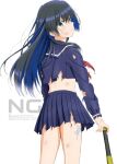  1girl ass baseball_bat black_hair blue_eyes blue_sailor_collar blue_skirt closed_mouth commentary from_behind frown hair_between_eyes ken&#039;ichi_(silvian125jp) long_hair looking_at_viewer looking_back midriff neckerchief pleated_skirt red_neckerchief sailor_collar sakugawa_school_uniform saten_ruiko school_uniform serafuku shirt signature skirt solo symbol-only_commentary toaru_kagaku_no_railgun toaru_majutsu_no_index torn_clothes torn_neckerchief torn_shirt torn_skirt white_background 