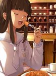  bangs black_hair blunt_bangs closed_eyes cup eating food fork long_hair naname_(danbooru_maker) open_mouth original pasta school_uniform serafuku solo spaghetti teacup 