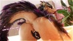 16:9 3d_(artwork) 4k absurd_res anthro anus beak bird_wyvern bodily_fluids butt butt_focus capcom digital_media_(artwork) english_text feathers female fingering fingering_self genital_fluids heart_symbol hi_res inside looking_at_viewer looking_back looking_back_at_viewer masturbation monster_hunter nude nude_anthro nude_female rear_view seikret solo springycharna tail talking_to_viewer text thick_thighs uwu vaginal vaginal_fingering vaginal_fluids widescreen