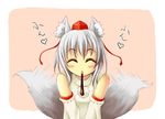  ^_^ animal_ears bare_shoulders blush closed_eyes detached_sleeves eating facing_viewer food food_in_mouth happy hat heart inubashiri_momiji pocky pom_pom_(clothes) short_hair silver_hair solo tail tail_wagging tokin_hat touhou translated v_arms wolf_ears wolf_tail yuki_shimono 