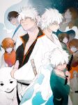  1girl 6+boys aged_down black_hair blue_eyes bokken brown_hair bun_cover china_dress chinese_clothes dog dress english_commentary gintama glasses green_kimono grey_kimono hadanugi_dousa highres japanese_clothes kagura_(gintama) katsura_kotarou kimono messy_hair multiple_boys official_alternate_costume open_clothes open_kimono orange_hair popped_collar red_eyes sadaharu sakamoto_tatsuma sakata_gintoki shimura_shinpachi sleeveless sleeveless_dress sword takasugi_shinsuke time_paradox weapon white_hair white_kimono wooden_sword ykefmi yoshida_shouyou 