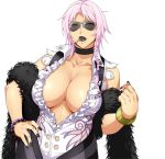  1girl black_lipstick bracelet braid breasts cigarette cleavage fur huge_breasts jewelry kun_in&#039;ye lipstick makeup mature mole mole_under_mouth nail_polish official_art pink_hair single_braid solo sunglasses super_robot_wars super_robot_wars_x-omega watanabe_wataru 