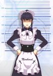  1girl absurdres apron bangs black_eyes black_hair blunt_bangs bow commentary_request dress frown hands_on_hips height_chart highres long_hair looking_at_viewer maid maid_apron maid_headdress narberal_gamma open_mouth overlord_(maruyama) ponytail ribbon sidelocks solo standing white_bow white_ribbon zllkyp 
