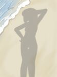  1girl beach commentary completely_nude dengekimegasow dressed_shadow_(meme) hand_on_own_hip hand_up highres meme nude nude_beach original shadow short_hair solo thigh_gap water 