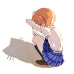  1girl black_socks blue_skirt brown_shoes cat_shadow_puppet_(meme) different_shadow from_side full_body hoshizora_rin kneehighs love_live! love_live!_school_idol_project meme orange_hair osono_(osonokichi) otonokizaka_school_uniform pleated_skirt school_uniform shadow shadow_puppet shirt shoes short_hair short_sleeves simple_background skirt socks solo squatting summer_uniform white_background white_shirt 
