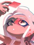  1girl agent_8_(splatoon) arm_up bare_shoulders card choker dark-skinned_female dark_skin dispersion_(optics) film_grain grey_hair holding holding_card long_hair looking_at_object looking_up octoling parted_lips portrait red_pupils satiinreirasu3512 shadow side_part simple_background solo splatoon_(series) white_background white_choker 