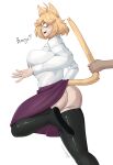 absurd_res accident accidental_exposure animal_ears animal_humanoid animal_tail big_breasts big_butt black_clothing black_legwear black_thigh_highs blonde_hair bottomwear breasts butt cat_humanoid clothed clothing dialogue disembodied_hand eyelashes felid felid_humanoid feline feline_humanoid female fur hair hi_res huktol humanoid legwear looking_back mammal mammal_humanoid melty_blood neco-arc no_underwear on_one_leg pupils purple_bottomwear purple_clothing purple_skirt rear_view red_eyes short_hair simple_background skirt slit_pupils solo standing text thick_thighs thigh_highs topwear tsukihime type-moon white_background white_clothing white_topwear wide_hips yellow_body yellow_fur