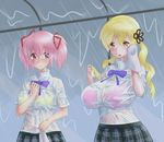  alternate_breast_size blonde_hair blush bra breasts drill_hair hair_ornament hair_ribbon hairpin highres huge_breasts kaname_madoka mahou_shoujo_madoka_magica mizuumi_(bb) multiple_girls open_mouth pink_eyes pink_hair rain ribbon school_uniform see-through short_hair short_twintails tomoe_mami twin_drills twintails underwear wet wet_clothes yellow_eyes 