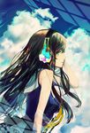  arm_up bare_arms black_hair cloud dress from_side green_eyes headphones long_hair looking_at_viewer original profile sky solo toto 