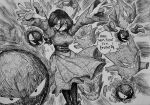  1girl ascot bags_under_eyes black_corset black_hair black_leggings boots breasts bright_pupils chronozbergh corset dress earrings english_text gastly gengar hair_between_eyes hands_up haunter hex_maniac_(pokemon_legends:_z-a) highres jewelry leggings long_hair looking_at_viewer monochrome outstretched_arms pokemon solid_circle_eyes speech_bubble sphere_earrings traditional_media zombie_pose 