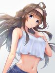  1girl ahoge alternate_costume breasts brown_hair crop_top denim finger_to_own_chin from_below grey_background hair_bun hairband highres isasin929 jeans kantai_collection kongou_(kancolle) long_hair medium_breasts midriff navel pants shirt simple_background sleeveless sleeveless_shirt smile solo 