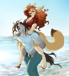 ais05 anthro beach big_breasts big_ears black_hair blaze_(marking) blue_eyes bottomwear breasts canid canine carrying_another claws cleavage clothed clothing crimson_storm duo emi_(fentastic) equid equine eyes_closed facial_markings female fennec_fox flannel flannel_shirt floofy_tail fluffy fox fur grey_body grey_fur hair hair_sway head_markings highlights_(coloring) horse hotpants inner_ear_fluff long_tail looking_back looking_up male male/female mammal markings open_mouth orange_hair pants pawpads paws piggyback red_highlights sand sea shirt shorts smile standing tail tied_shirt topwear true_fox tuft walking water