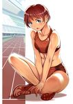  bare_shoulders blue_eyes blush crop_top crossed_legs navel open_mouth original red_hair shoes short_hair short_shorts shorts sitting sneakers solo sports_bikini track track_and_field track_uniform twinpoo 