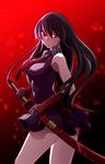  1girl akame akame_ga_kill! bare_shoulders black_hair highres katana long_hair necktie official_art red_eyes sitting skirt socks solo sword vambraces very_long_hair weapon 