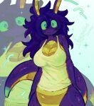 anthro aquatic_gastropod belly big_breasts big_eyes big_tail blush blush_lines bottomless breast_focus breasts clothed clothing dipstick_tail female fluffy fluffy_hair freckles gastropod green_eyes hair hi_res long_ears long_tail looking_at_viewer marine markings mollusk ponyzilla purple_body purple_hair sea_slug shirt slug smile smiling_at_viewer smirk solo stripes tail tail_markings tank_top thick_tail topwear wide_hips yellow_belly