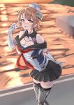  1girl absurdres black_sailor_collar black_skirt breasts brown_eyes brown_hair cleavage dixie_cup_hat dock elbow_gloves feet_out_of_frame flipped_hair gloves grey_shirt grey_thighhighs hat highres kantai_collection medium_breasts military_hat nakahara_nakahara neckerchief off-shoulder_shirt off_shoulder parted_bangs pleated_skirt red_neckerchief richard_p._leary_(kancolle) sailor_collar school_uniform serafuku shirt short_hair skirt solo thighhighs water white_gloves white_hat 