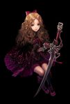  agasang bow brown_hair curly_hair dress gauntlets kneehighs long_hair looking_at_viewer original purple_eyes simple_background solo sword weapon 