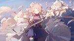  1girl animal_ears arknights belt black_thighhighs brown_hair cloud cowboy_shot eyjafjalla_(arknights) eyjafjalla_the_hvit_aska_(arknights) highres holding holding_staff horns jacket looking_at_viewer luozhou_pile medium_hair mountain mountainous_horizon purple_shirt purple_skirt sheep sheep_ears sheep_horns shirt skirt sky sleeveless sleeveless_shirt staff standing thighhighs white_jacket 