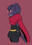 anthro belt black_body black_fur black_hair blush blush_lines bodily_fluids bodysuit cape carameltsi clairen_(rivals_of_aether) claws clothing erection erection_under_clothing felid feline fingerless_gloves flat_colors frown fur furrowed_brow gloves gynomorph hair handwear hi_res intersex leopard looking_away looking_forward mammal messy_hair pantherine red_eyes rivals_of_aether round_ears simple_background skinsuit solo standing sweat sweatdrop tail thin_tail throbbing tight_clothing