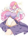  1girl artist_name blue_eyes breasts commentary dated gloves gundam gundam_seed gundam_seed_destiny headset highleg highleg_leotard highres kichihachi large_breasts leotard long_hair looking_at_viewer meer_campbell one_eye_closed open_mouth pink_hair smile solo teeth thighs upper_teeth_only white_background white_gloves 