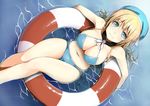  afloat atago_(kantai_collection) bare_shoulders bikini blonde_hair blush breasts cleavage from_above hat highres innertube kamata_yuuya kantai_collection large_breasts long_hair looking_at_viewer navel partially_submerged revision side-tie_bikini smile solo swimsuit 