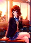  against_glass artist_name blazer blue_eyes bow classroom crossed_legs desk food hair_twirling indoors jacket kazuharu_kina kneehighs legs looking_at_viewer love_live! love_live!_school_idol_project multiple_girls nishikino_maki on_desk otonokizaka_school_uniform pocky red_hair school_desk school_uniform sitting sitting_on_desk skirt solo_focus sunset watermark web_address window yazawa_nico 