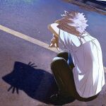  1boy black_shoes cat_shadow_puppet_(meme) crossed_arms double_w earrings from_behind highres jewelry joshuaisshaky kanzaki_kaoru male_focus meme middle_w phantom_busters road shadow shadow_puppet shirt shoes short_hair solo spiked_hair squatting street w white_hair white_shirt 