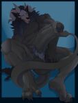 2024 2_horns absurd_res american_mythology anthro balls big_balls big_penis black_body black_hair black_sclera blue_background claws erection foreskin genitals hair hi_res horn huge_penis humanoid_genitalia humanoid_penis indigenous_north_american_mythology looking_at_viewer male muscular mythology north_american_mythology penis pubes roderick_(elsifthewolf) simple_background solo tongue tongue_out vein veiny_penis wendigo weskers