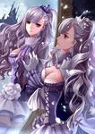  breasts cleavage colored_eyelashes earrings frills gloves highres jewelry long_hair medium_breasts mirror monogo multiple_views original red_eyes skirt snow thighhighs tiara wavy_hair 