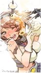  blush brown_hair chikuwa chopsticks commentary_request dated feeding food food_on_head gloves kantai_collection mutsu_(kantai_collection) nagato_(kantai_collection) nonco object_on_head one_eye_closed open_mouth short_hair signature skirt spill white_background wince 
