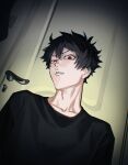  1boy black_hair black_shirt collarbone cropped_torso door doorknob fangs fangs_out hair_between_eyes highres looking_at_viewer male_focus mogari_shishikuno neck original phantom_busters red_eyes shirt solo user_zxhj7273 