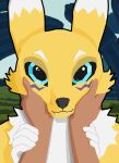 absurd_res ambiguous_gender anthro anthro_focus bandai_namco big_ears big_eyes blue_eyes canid canine digimon digimon_(species) digital_media_(artwork) disembodied_hand duo fangs fur hand_holding hand_on_face happy hi_res lineless looking_at_viewer lotnik5 mammal petting renamon risk_of_rain romantic simple_background smile solo_focus teeth yellow_body yellow_fur