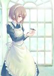  apron bird bird_on_hand blush brown_eyes brown_hair maid maid_headdress naname_(danbooru_maker) original short_hair solo standing window 