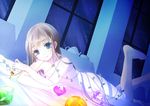  ahira_yuzu bare_shoulders barefoot blue_eyes brown_hair cup dress gem indoors long_hair lying night on_stomach original sky smile solo star_(sky) starry_sky teacup teapot window 