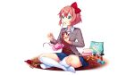  1girl bag blazer blue_bag blue_bow blue_eyes blue_skirt blush bow box breasts brown_hair collared_shirt crossed_legs doki_doki_literature_club doki_doki_literature_club_plus doki_doki_literature_club_school_uniform double-parted_bangs dress_shirt english_commentary eyebrows_hidden_by_hair full_body game_cg gift gift_bag gift_box gold_bow grey_jacket hair_bow highres indoors jacket kneehighs long_eyelashes long_sleeves medium_breasts miniskirt mouth_hold neck_ribbon no_shoes non-web_source official_art open_clothes open_jacket paper_bag pleated_skirt promotional_art raised_eyebrows red_bow red_ribbon ribbon satchely sayori_(doki_doki_literature_club) school_uniform scissors shirt shoes short_hair sidelocks simple_background sitting skirt smile socks solo tape tareme thick_eyelashes thighs toes tying v-neck valentine wavy_hair white_background white_shirt white_shoes wide-eyed wing_collar wooden_floor yarn yarn_ball yellow_bow 